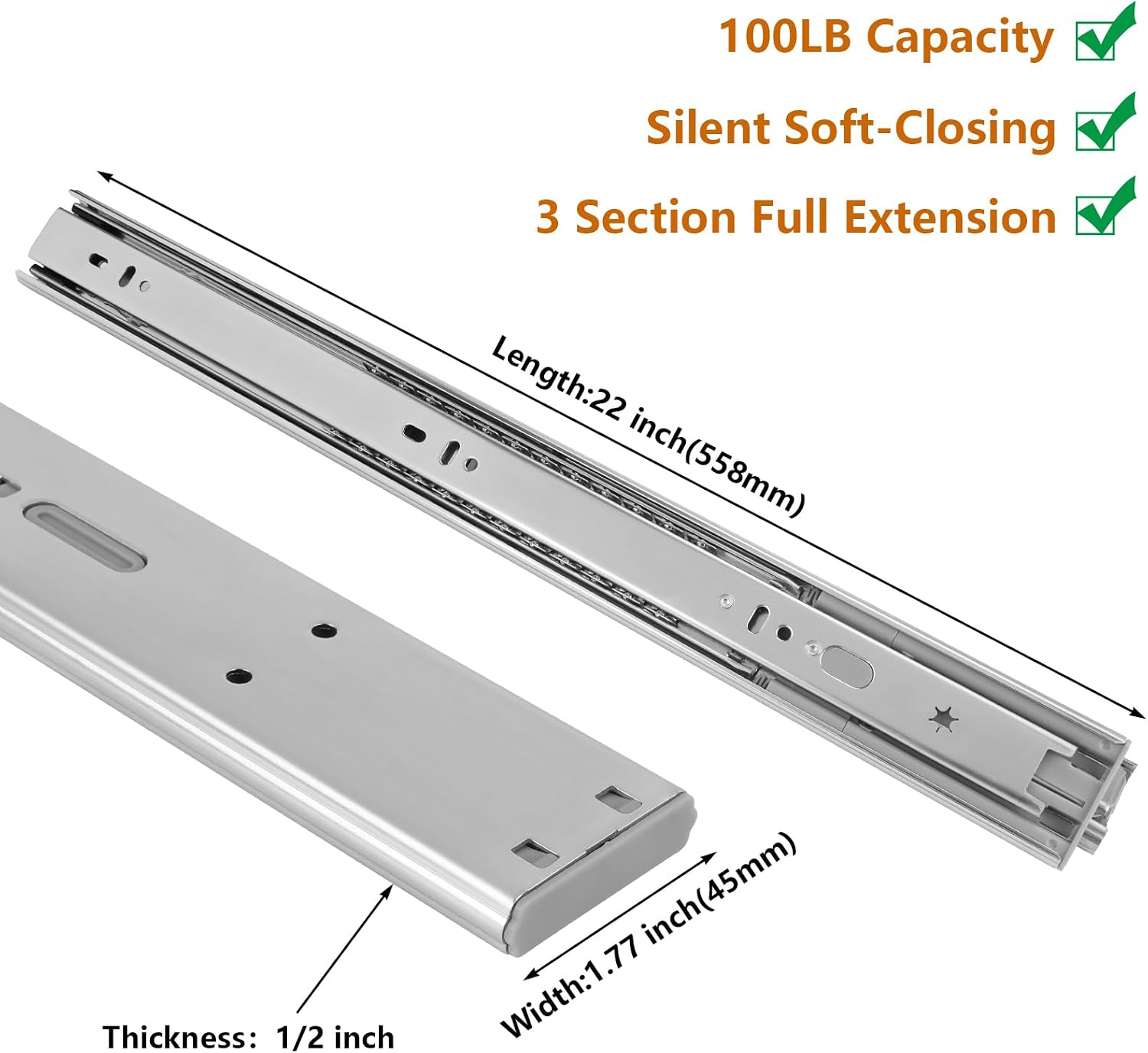 22 Inch Side Mount Soft Close  - đánh giá và giá Drawer Slide Pair